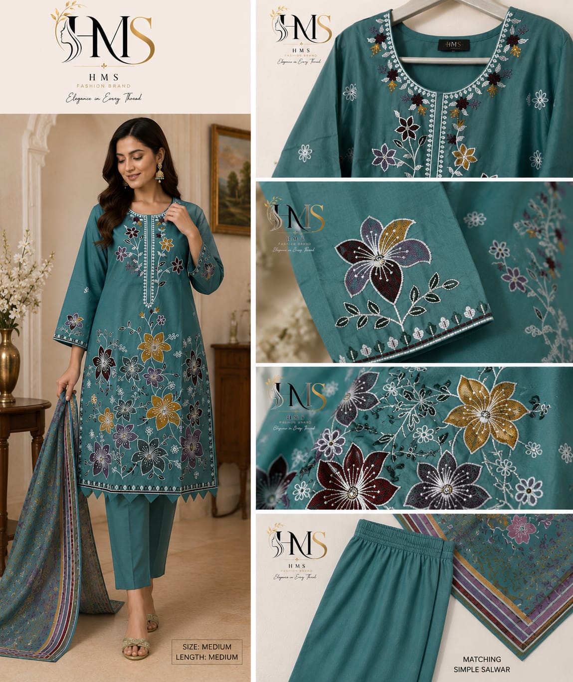 Premium Floral Suit with Embroidered Neckline & Printed Dupatta
