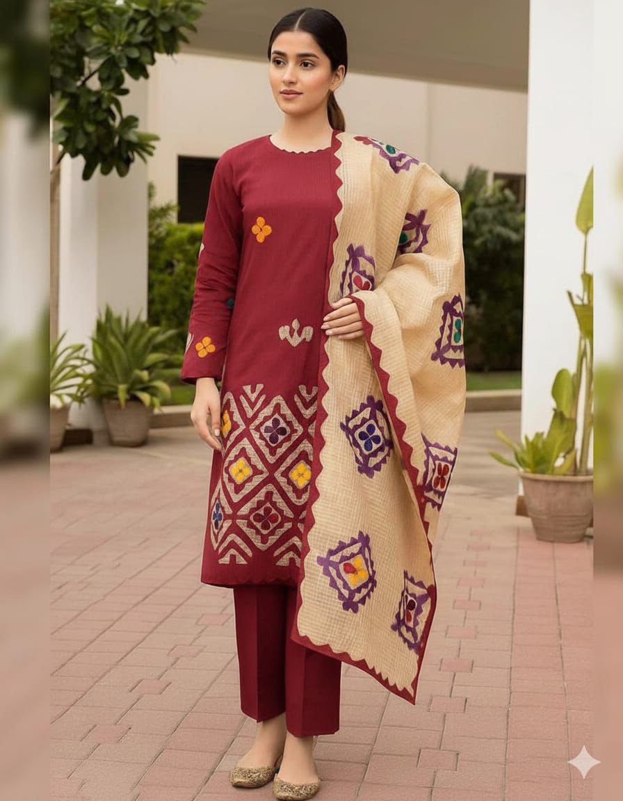 *KHADDAR EMBROIDERED APPLIC JAAL WORK UNSTITCED 3pc✓*