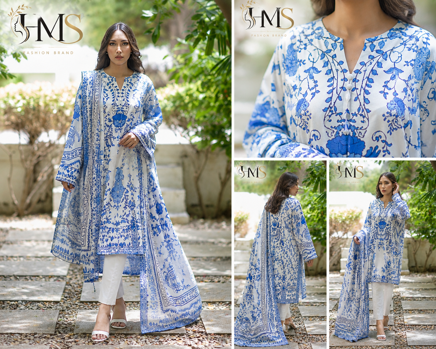 HMS Elegant Blue Floral Printed 3-Piece Women’s Suit