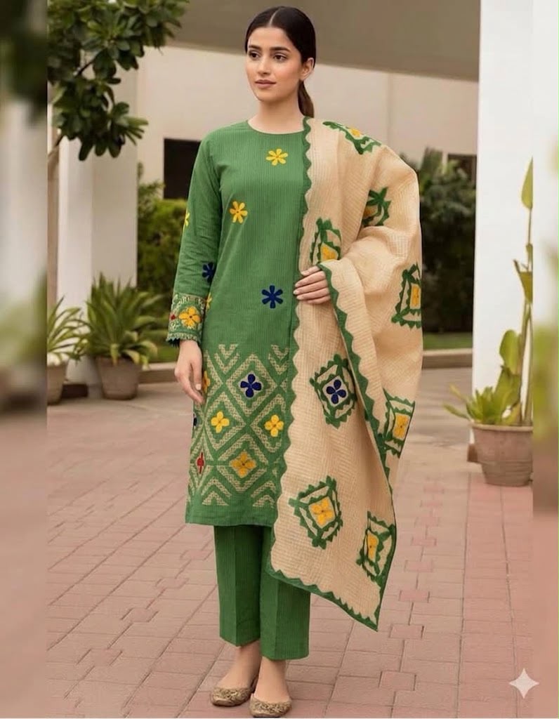 *KHADDAR EMBROIDERED APPLIC JAAL WORK UNSTITCED 3pc✓*