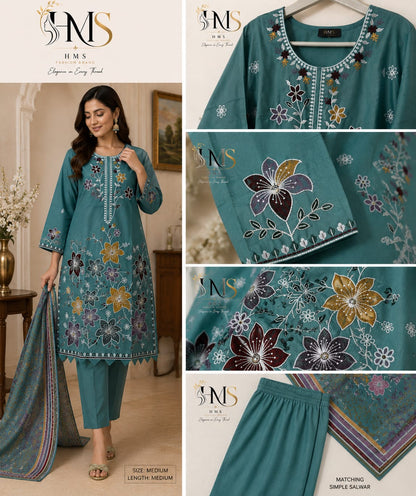 Premium Floral Suit with Embroidered Neckline & Printed Dupatta