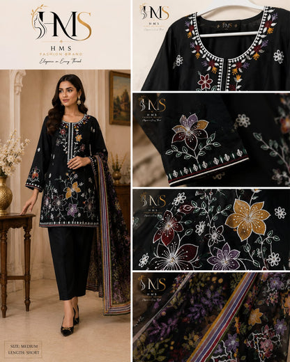 Premium Floral Suit with Embroidered Neckline & Printed Dupatta
