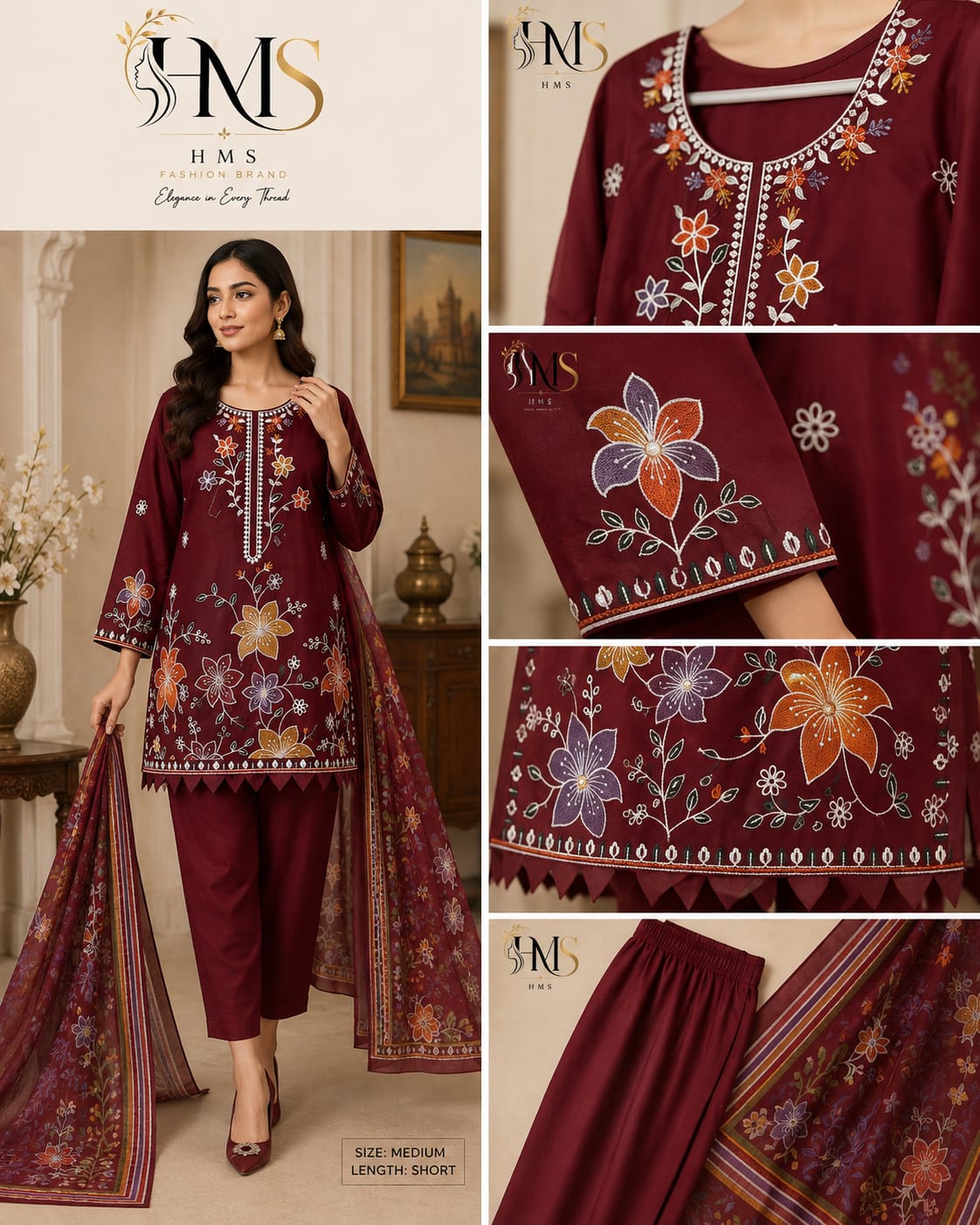 Premium Floral Suit with Embroidered Neckline & Printed Dupatta