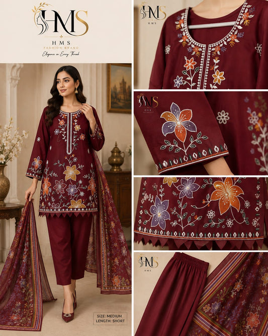 Premium Floral Suit with Embroidered Neckline & Printed Dupatta