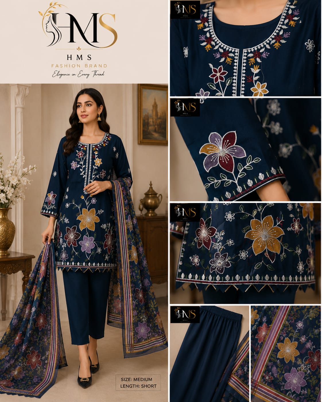 Premium Floral Suit with Embroidered Neckline & Printed Dupatta