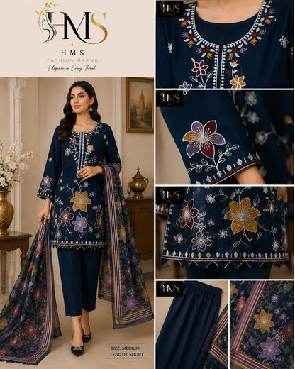 Premium Floral Suit with Embroidered Neckline & Printed Dupatta