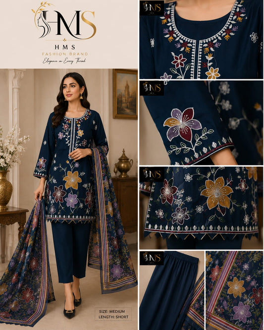 Premium Floral Suit with Embroidered Neckline & Printed Dupatta