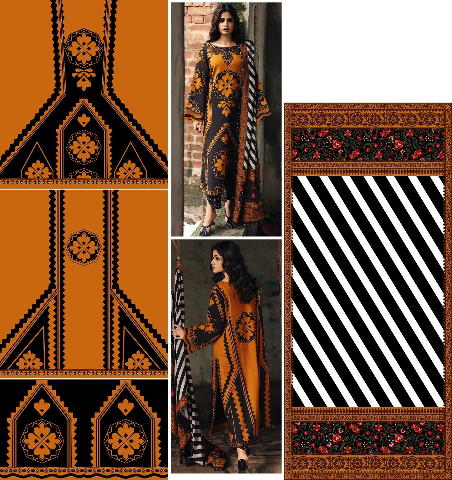 Elegant Mustard Orange Floral & Geometric 3-Piece Suit