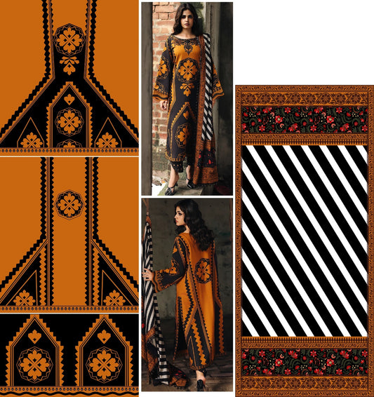 Elegant Mustard Orange Floral & Geometric 3-Piece Suit