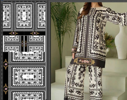 Luxury Black & White Geometric Floral 3-Piece Pakistani Suit