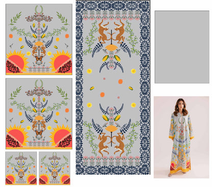 Premium Grey Floral Printed Suit with Artistic Borders
