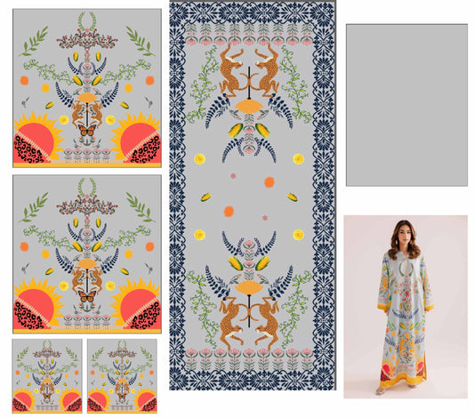 Premium Grey Floral Printed Suit with Artistic Borders