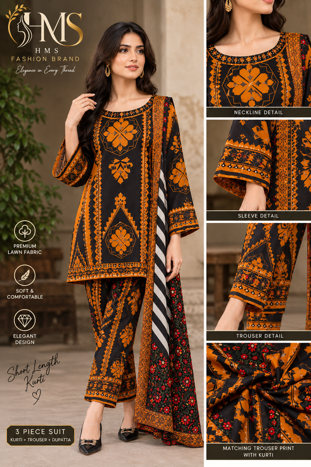 Elegant Mustard Orange Floral & Geometric 3-Piece Suit