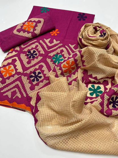 *KHADDAR EMBROIDERED APPLIC JAAL WORK UNSTITCED 3pc✓*