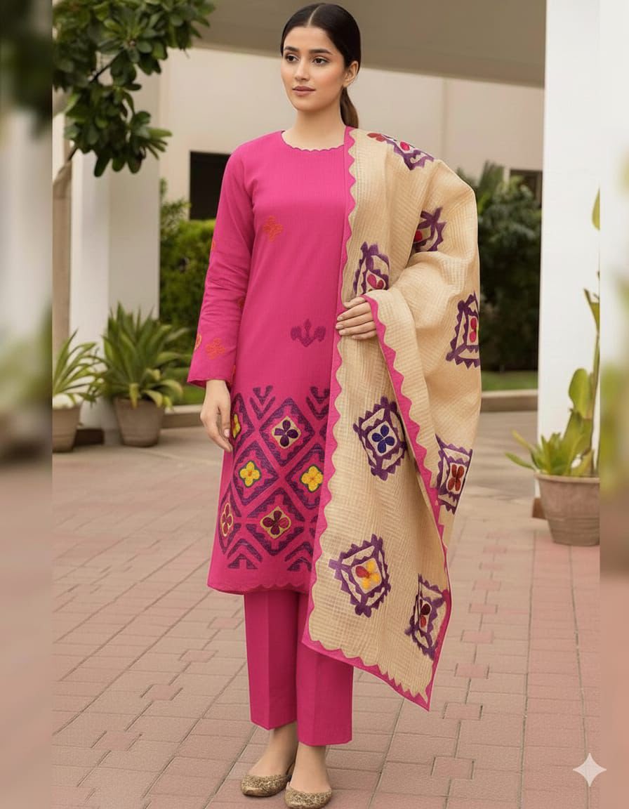 *KHADDAR EMBROIDERED APPLIC JAAL WORK UNSTITCED 3pc✓*