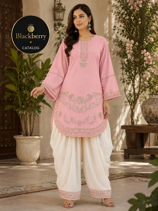 Blackberry Premium Embroidered Kurti with White Palazzo | 2-Piece Suit