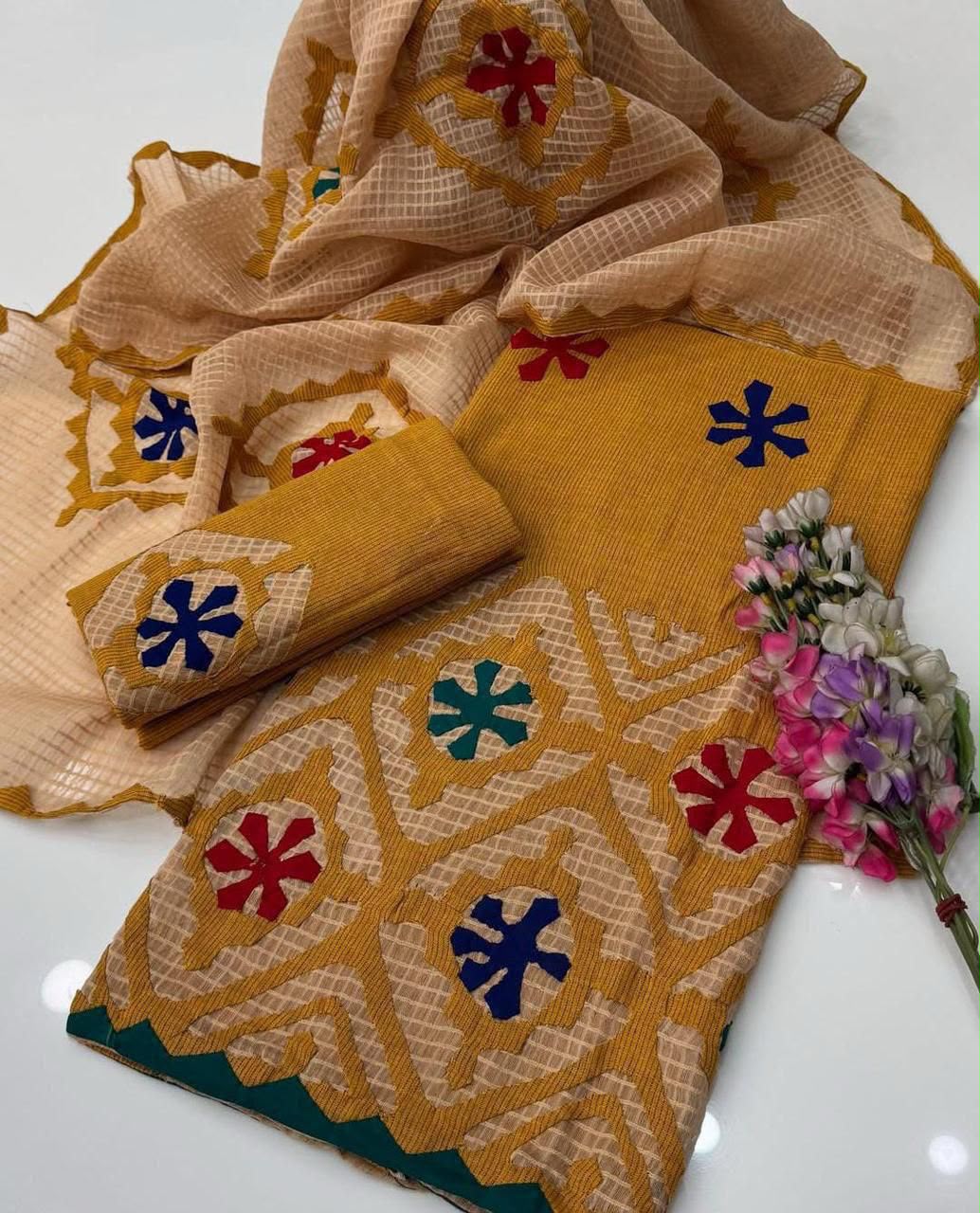 *KHADDAR EMBROIDERED APPLIC JAAL WORK UNSTITCED 3pc✓*