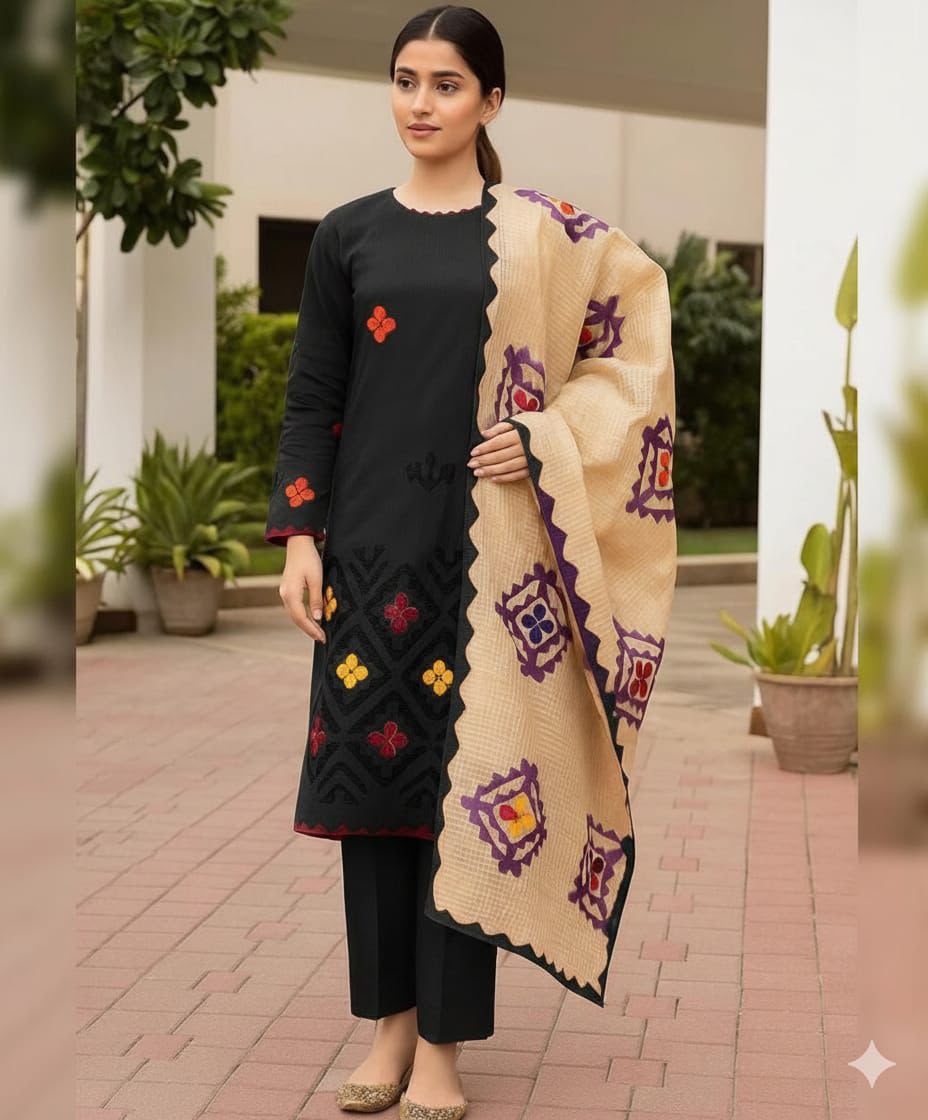 *KHADDAR EMBROIDERED APPLIC JAAL WORK UNSTITCED 3pc✓*