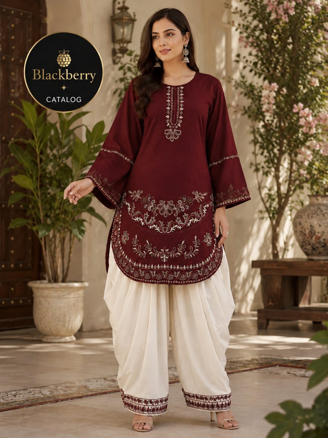 Blackberry Premium Embroidered Kurti with White Palazzo | 2-Piece Suit