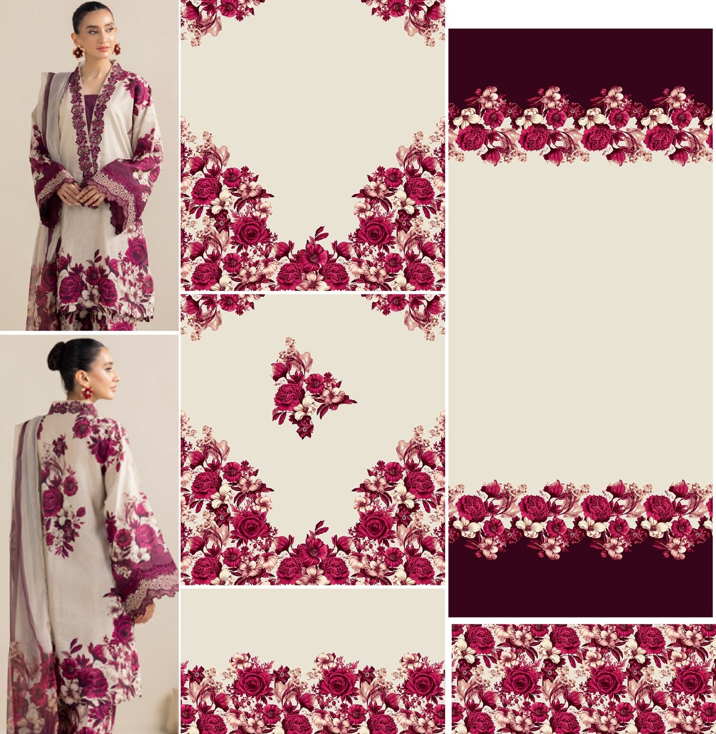 HMS Signature Cream & Maroon Floral 3-Piece Suit