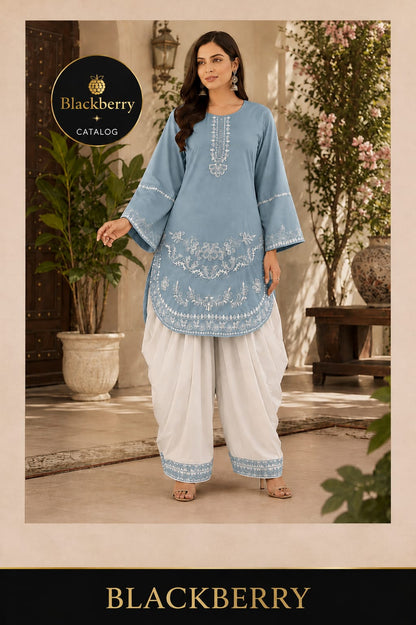 Blackberry Premium Embroidered Kurti with White Palazzo | 2-Piece Suit