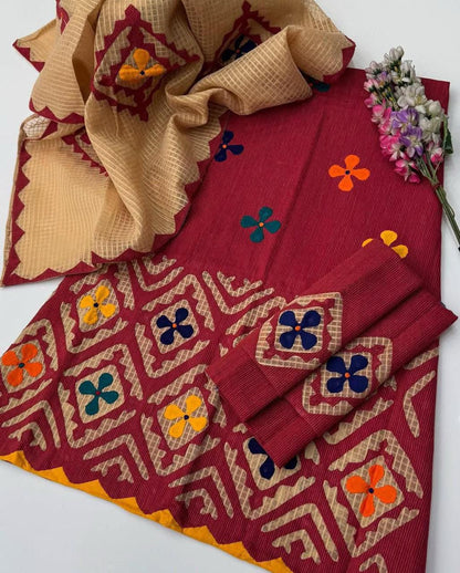 *KHADDAR EMBROIDERED APPLIC JAAL WORK UNSTITCED 3pc✓*