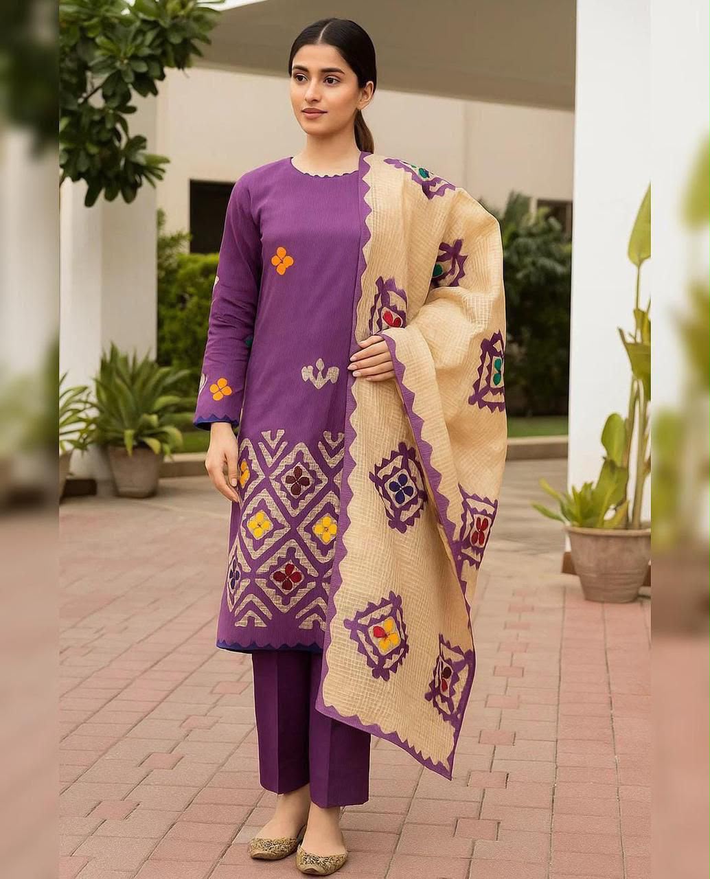 *KHADDAR EMBROIDERED APPLIC JAAL WORK UNSTITCED 3pc✓*