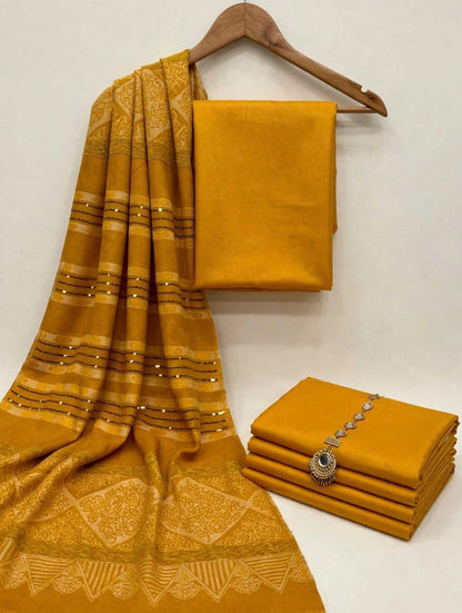 *BAROSHA JACQUARD PASHMINA WOOL SHAWL WITH MARINA DHANAK UNSTITCHED 3pc*