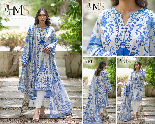 HMS Elegant Blue Floral Printed 3-Piece Women’s Suit