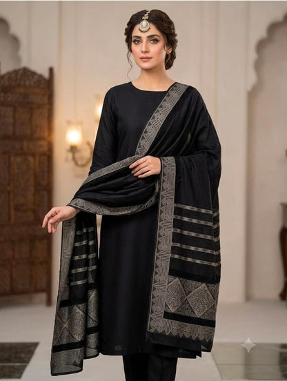 *BAROSHA JACQUARD PASHMINA WOOL SHAWL WITH MARINA DHANAK UNSTITCHED 3pc*