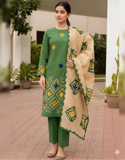 *KHADDAR EMBROIDERED APPLIC JAAL WORK UNSTITCED 3pc✓*