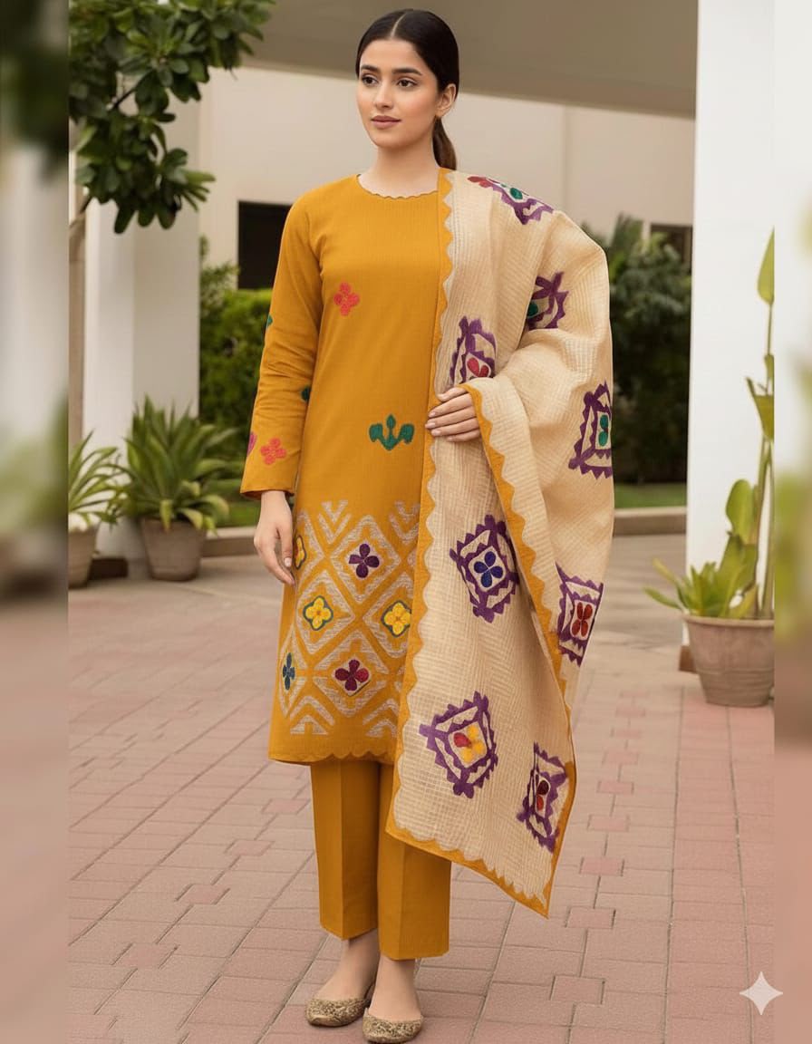 *KHADDAR EMBROIDERED APPLIC JAAL WORK UNSTITCED 3pc✓*