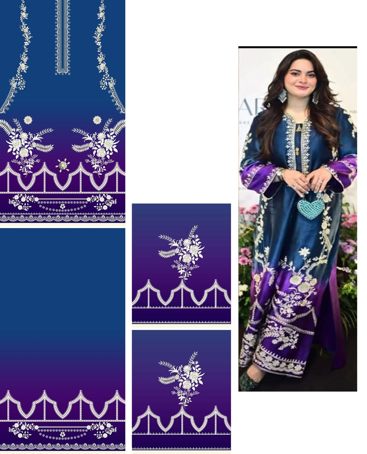 Royal Blue & Purple Embroidered-Style Floral 3-Piece Suit