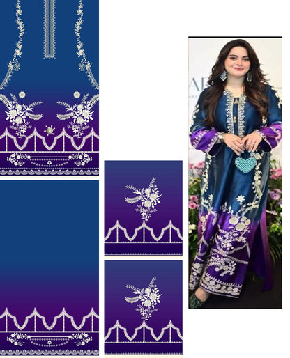 Royal Blue & Purple Embroidered-Style Floral 3-Piece Suit