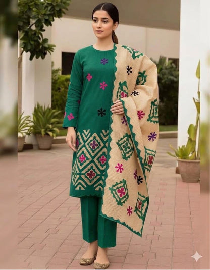 *KHADDAR EMBROIDERED APPLIC JAAL WORK UNSTITCED 3pc✓*