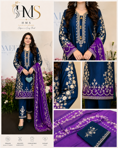Royal Blue & Purple Embroidered-Style Floral 3-Piece Suit