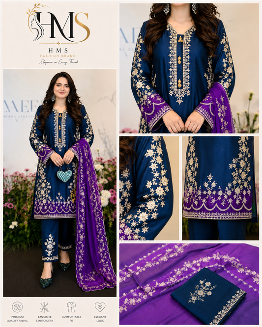 Royal Blue & Purple Embroidered-Style Floral 3-Piece Suit