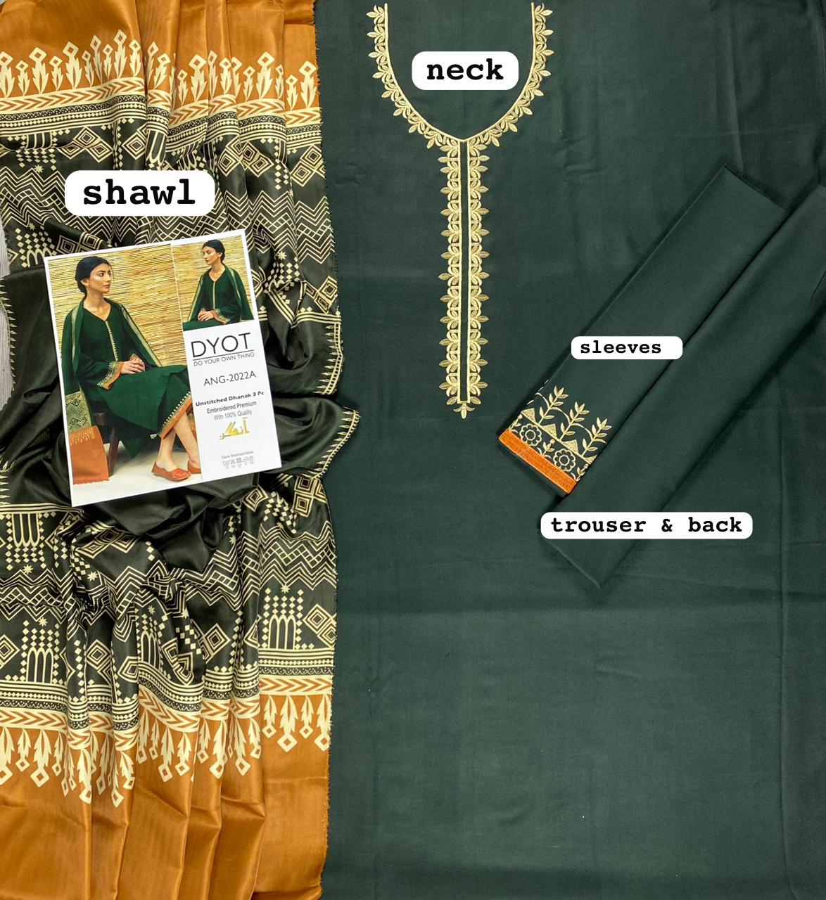 BRAND:*DYOT* dhanak embroidered hit code unstiched 3pc