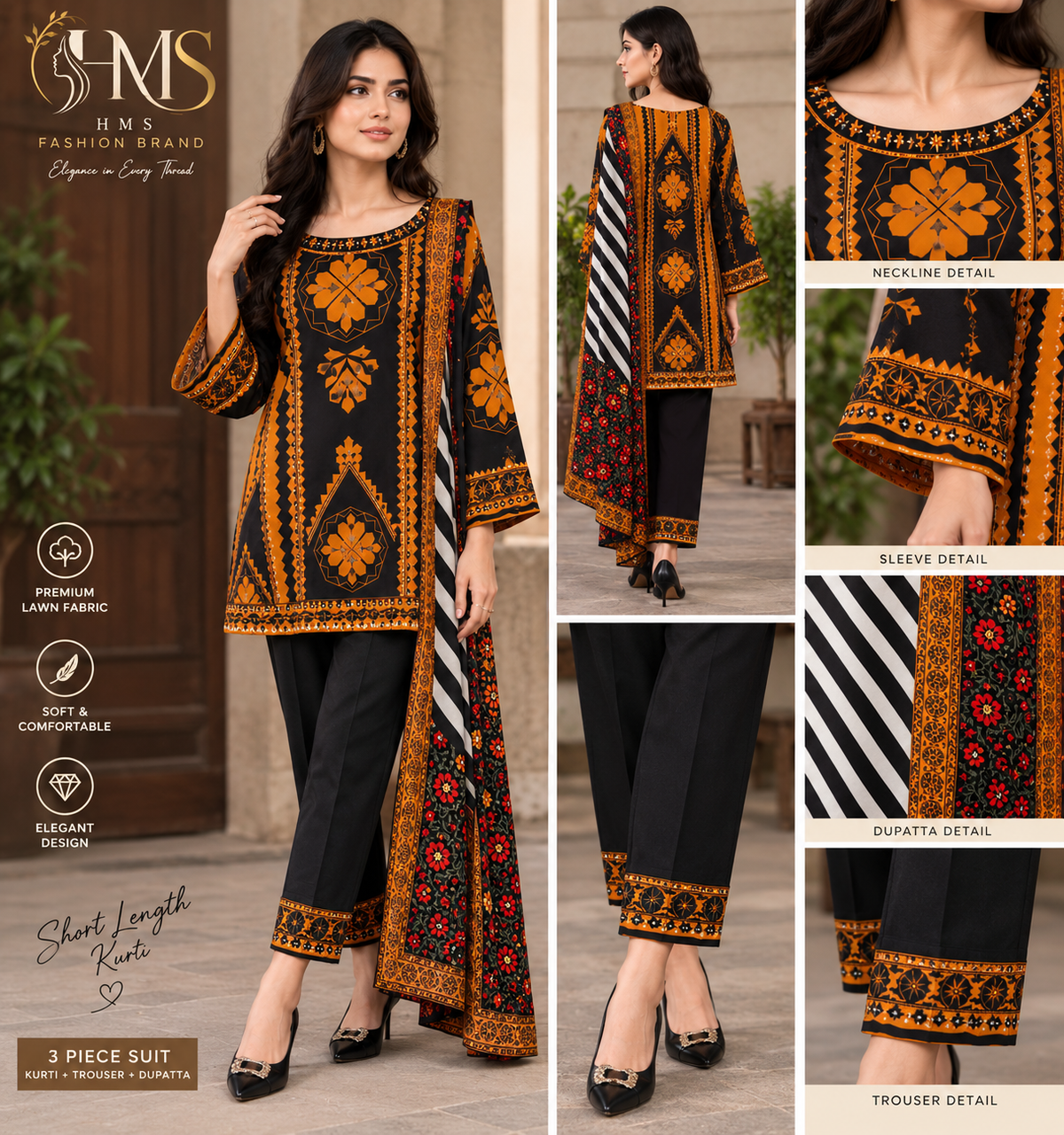 Elegant Mustard Orange Floral & Geometric 3-Piece Suit