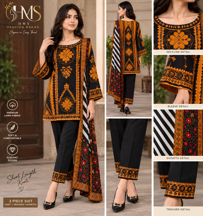 Elegant Mustard Orange Floral & Geometric 3-Piece Suit