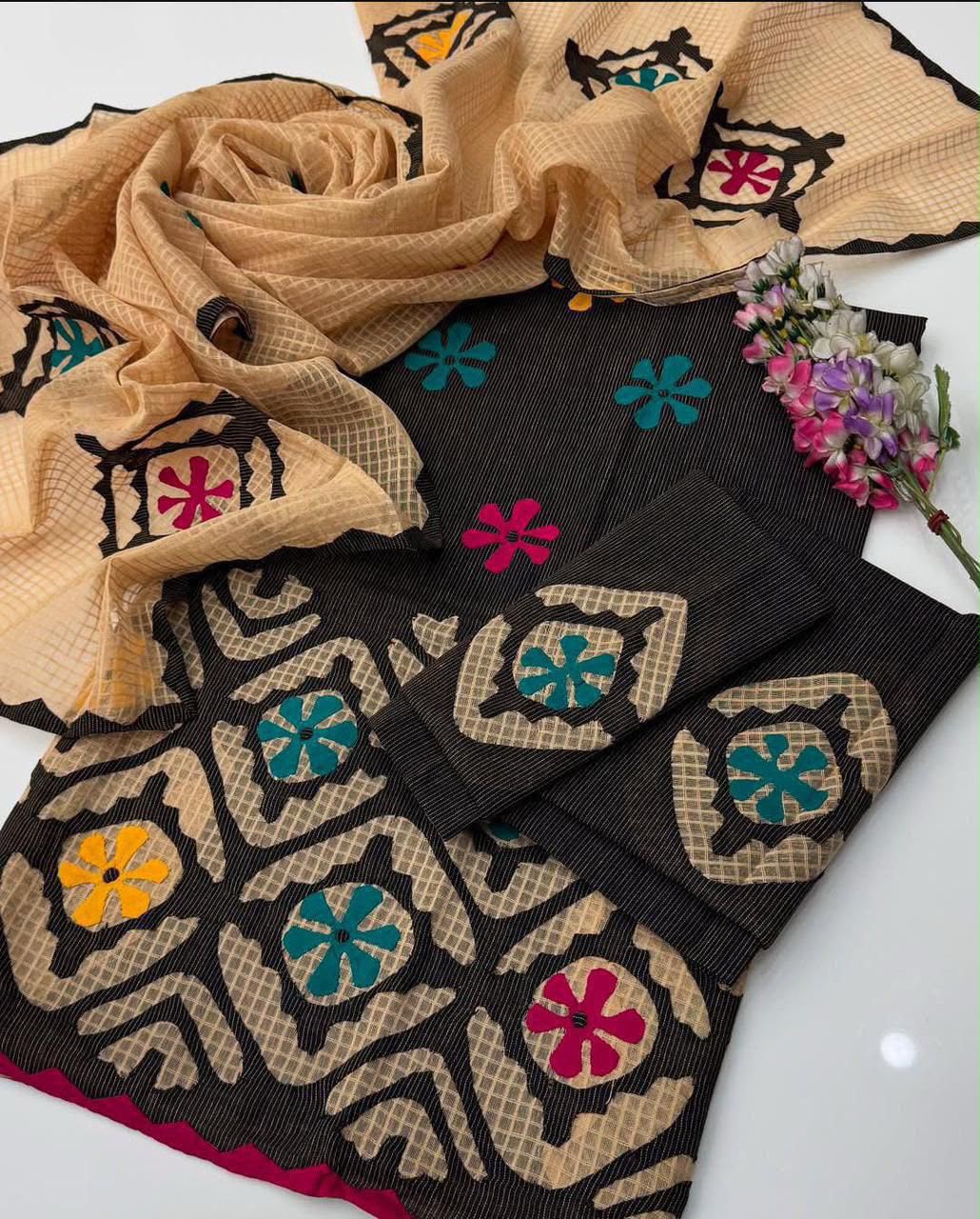 *KHADDAR EMBROIDERED APPLIC JAAL WORK UNSTITCED 3pc✓*