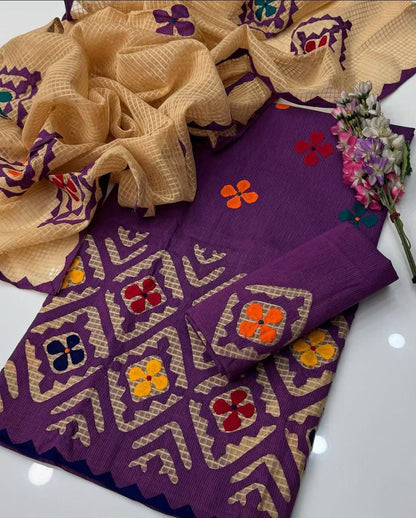 *KHADDAR EMBROIDERED APPLIC JAAL WORK UNSTITCED 3pc✓*