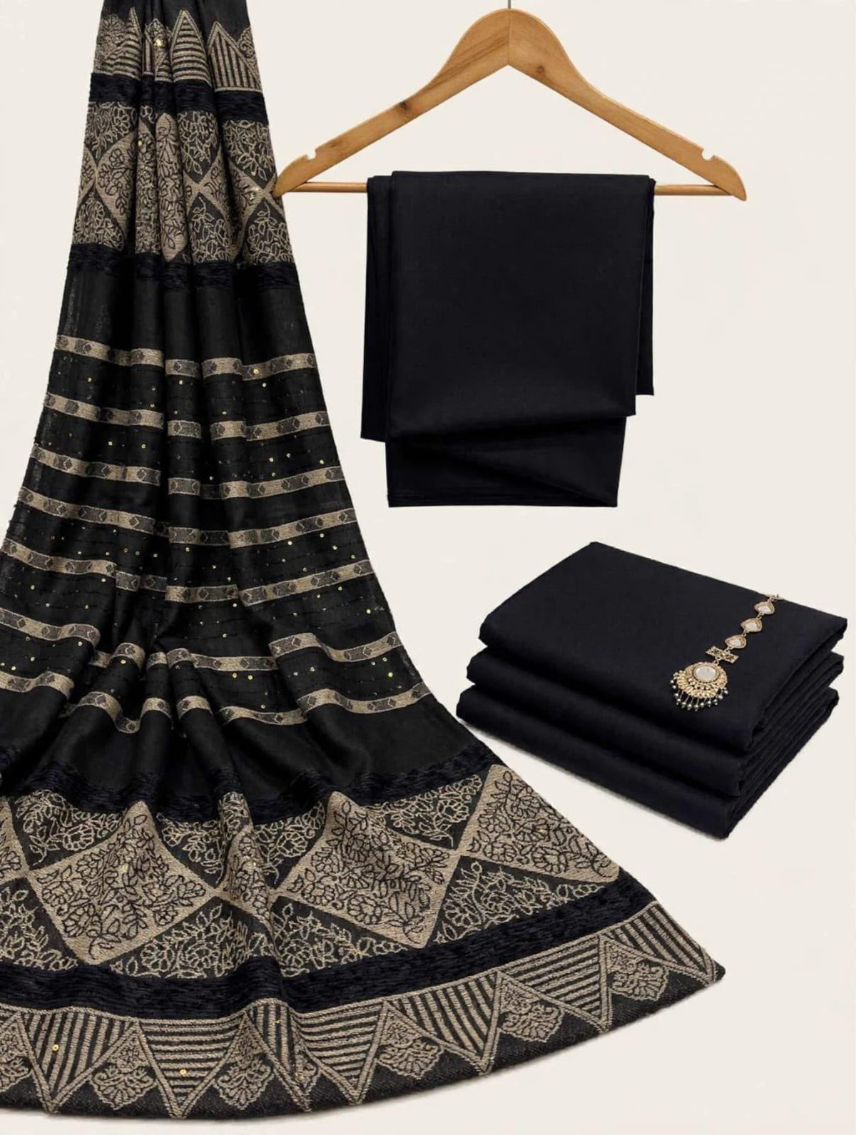 *BAROSHA JACQUARD PASHMINA WOOL SHAWL WITH MARINA DHANAK UNSTITCHED 3pc*
